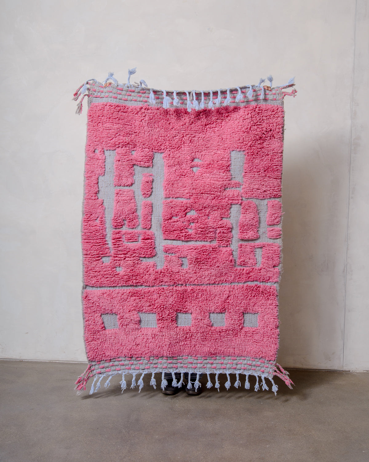 Modern, designer, handcrafted Berber rug from Morocco. Beniourain carpet with beautiful colours and patterns and fluffy wool texture.